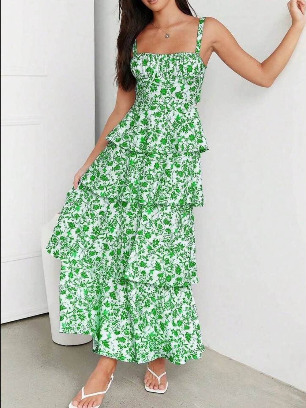 Green Floral Tiered Maxi Dress with Spaghetti Straps - Picture 4 of 5